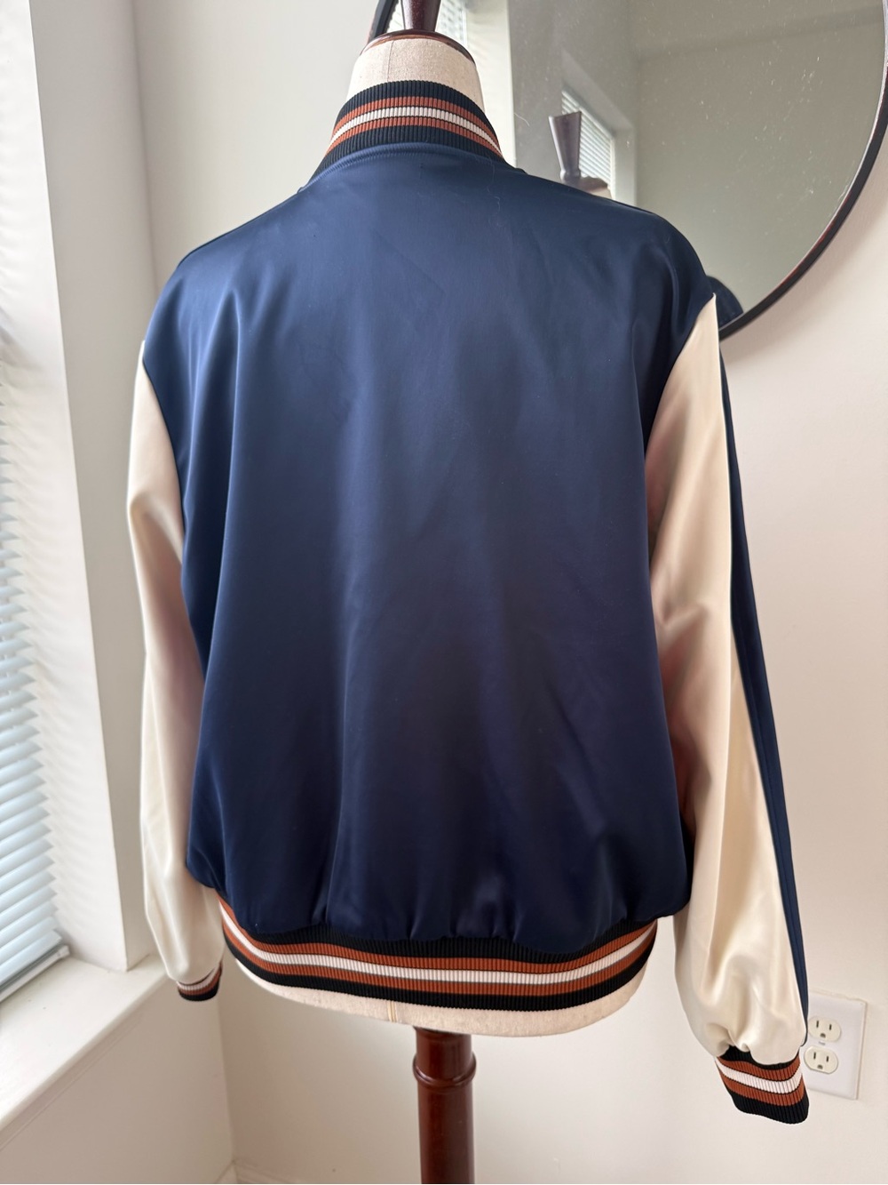 Coach Reversible Navy Bomber Jacket with Cream Sleeves and Floral Embroidery - Picture 2 of 11